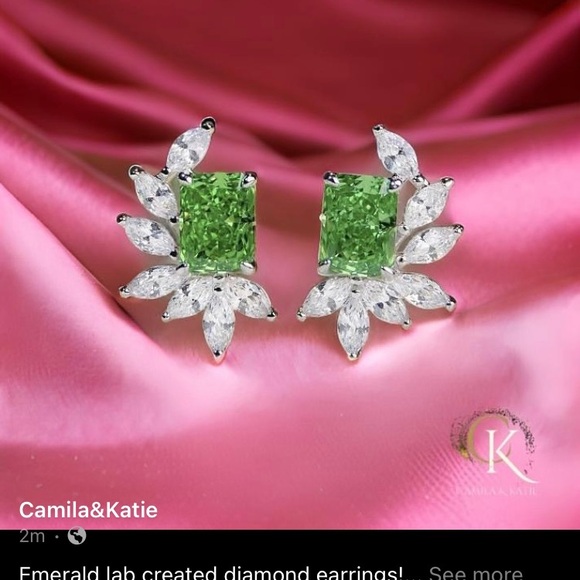 Emerald lab created diamond earrings - Picture 2 of 5